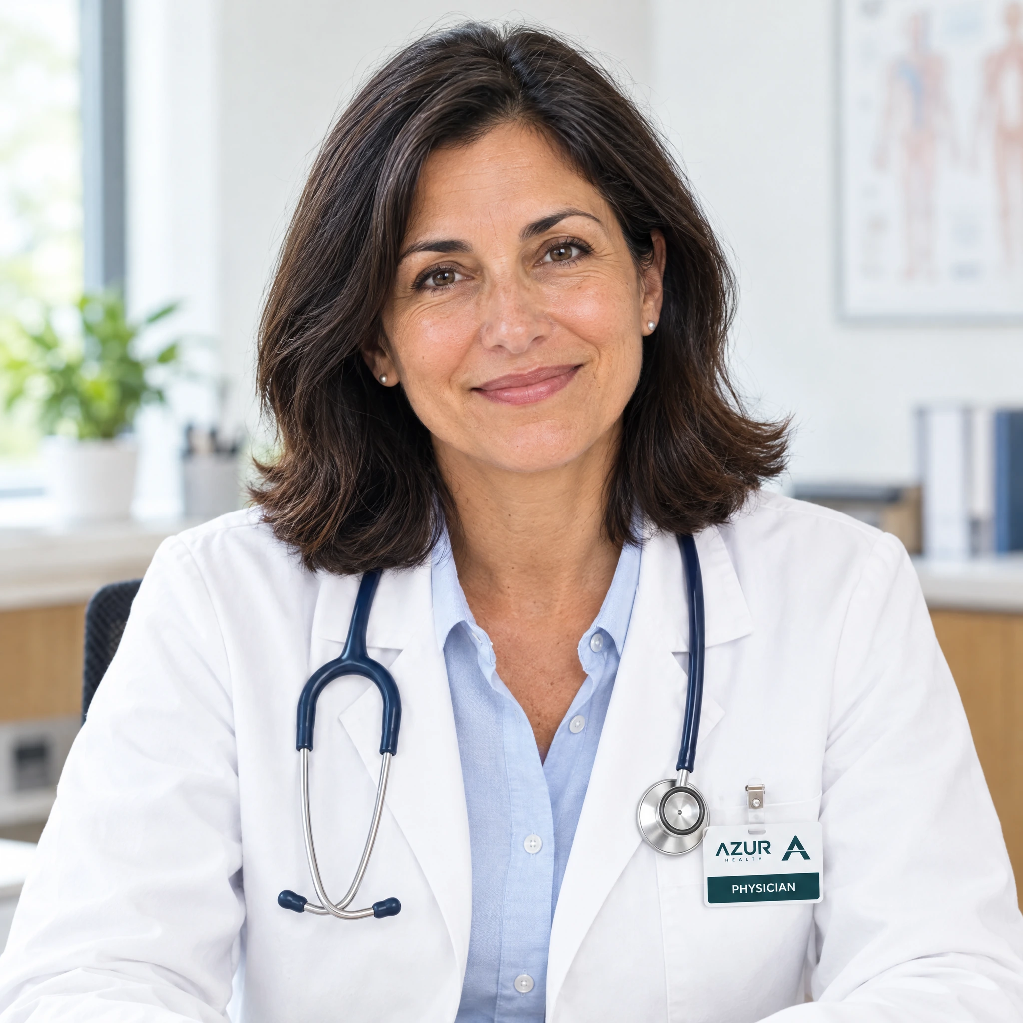 Illustrative physician in a white coat with an AZUR HEALTH badge