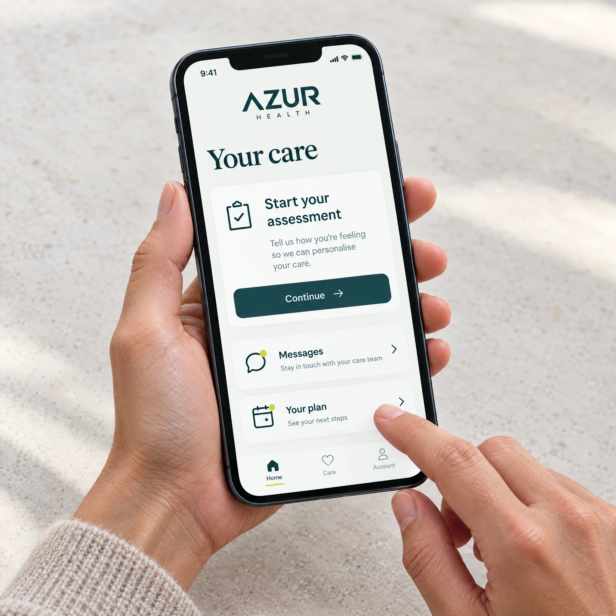 Hands using the AZUR HEALTH assessment platform on a phone